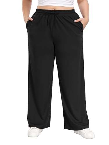 Lastshe Women's Plus Size Casual Pants Elastic Waist Wide Leg Loose Fit Pajama Drawstring Home Pants with Pockets
