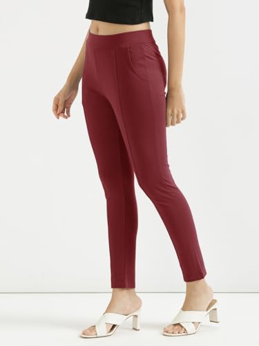 Image of SAADAA Women's Regular Fit High Rise 4-Way Stretchable Pants Yoga, Formal, and Regular Skinny High Waist Leggings 2 Deep Pockets Elastic Waistband Durable Interlock Stitching