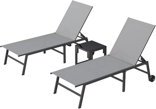 UDPATIO Sonnenliege 2er Set mit Tisch Gartenliege wetterfest mit Rollen 5-Fach Verstellbar Relaxliege Liegestuhl für Garten Poolbereich Balkon bis 150 KG 3-teilig Grau