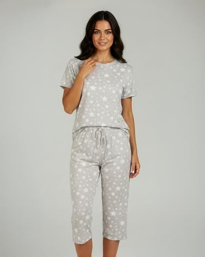 Image of Real Essentials 2 Pack: Womens Pajamas Short Sleeve Sleepwear Tops and Capri Pants Pjs Print Pajama Sets (Available In Plus)