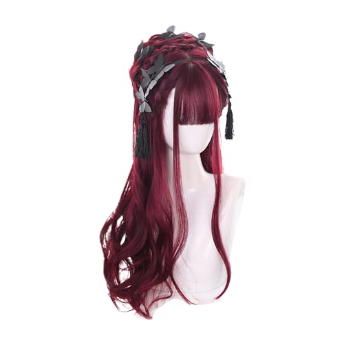 Long Curly Dark Red Wig Bangs – Natural Synthetic Hair Lolita Wigs with Wig Cap For Cosplay and Daily Wear