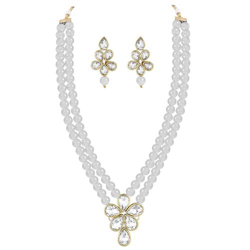 Image of Peora Crystal Faux Pearl Kundan Necklace & Jewellery Set Gift for Women