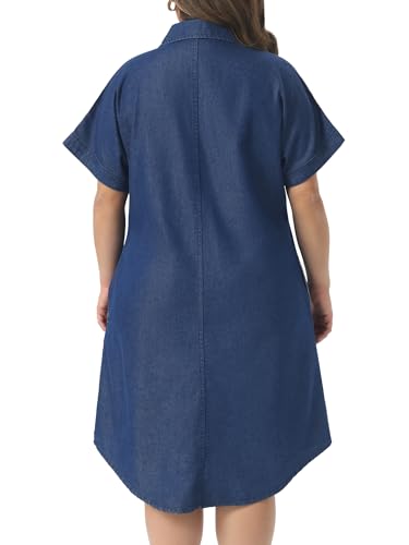 Image of Agnes Orinda Plus Size Denim Dress for Women Short Sleeve Button Down with Pockets Midi Jean Denim Shirt Dresses