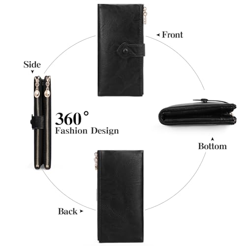 Image of GOIACII Wallet for Women Ladies Wallets Double Zippers Clutch Purse Black | Bifold Ladies Card Holder,Zipper Pockets,Ladies Wallets,Vintage Wallets for Women
