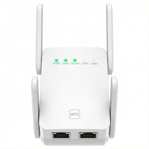 HENLSON Dualband WiFi Repeater, 1200 Mbit/s WLAN Verstärker,2.4Ghz+5G Signalverstärker mit 2 LAN anschluss, Netzwerkverstärker Abdeckung bis zu 200 m², Kompatibel mit Alexa für Zuhause und Büro