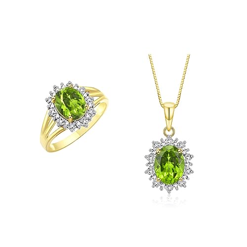 Image of Rylos Women's Yellow Gold Plated Silver Princess Diana Ring & Pendant Set. Gemstone & Diamonds, 9X7MM Birthstone. Matching Friendship Jewelry, Sizes 5-10.
