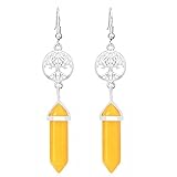 Earrings, Silberner Runder Baum des Lebens Eingelegter Sechseckiger Kegel Natürlicher Gelber Jade-Reiki-Chakra-Stein Hypoallergen Ohrhaken-Tropfen-Ohrringe Ohrtropfen Baumelnder Schmuck Für Frauen