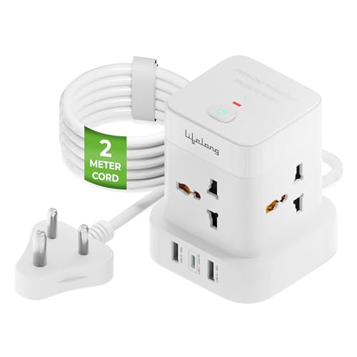 Image of Lifelong Electronics Extension Board 7-in-1 with Switch | 4 AC Sockets + 3 USB Ports (2 Type A + 1 Type C) | Overload Protection | Desk Accessories & Multiplug Gadget | 2M Cord (Model: Cube)