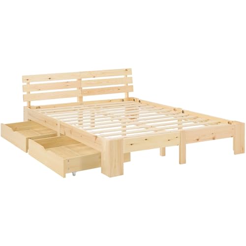 Homestyle4u Holzbett 140x200 mit Matratze Lattenrost 2 Schubladen Bett mit Bettkasten Natur Holz massiv Queen Size Bed Kiefer Bettgestell Futonbett, 3204