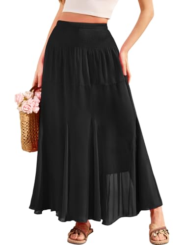 CYiNu Womens Long Maxi Skirt Chiffon Elastic High Waist Tiered Pleated Floral Printed A-Line Boho Long Skirts for Women