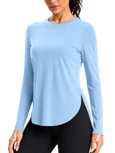 Image of HIBETY Women's Cotton Long Sleeve Workout Shirts Soft Athletic Gym Tops Quick Dry Moisture Wicking Running Yoga UPF 50+ Sun Protection 05-Blue-XL