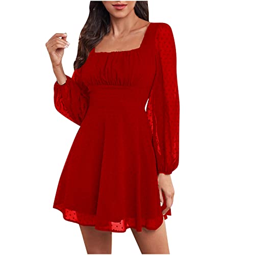 Masrin Skaterkleid für Damen Elegantes modisches einfarbiges Jacquard Chiffon-Kleid A-Linien-Kleid mit eckigem Kragen und Langen Ärmeln Swingkleid...