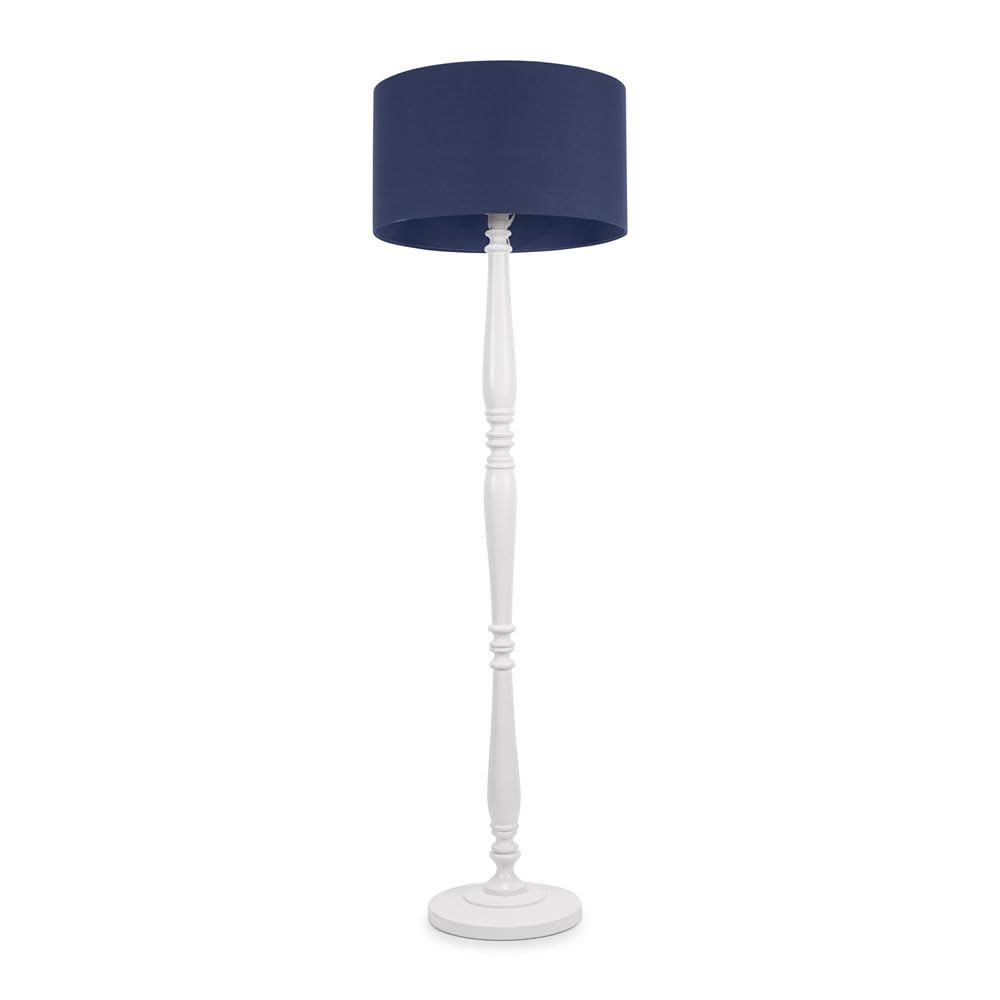 Valuelights Unisex Navy Victoria White Wood Traditional Stem Floor Lamp W/ Fabric Drum Shade In