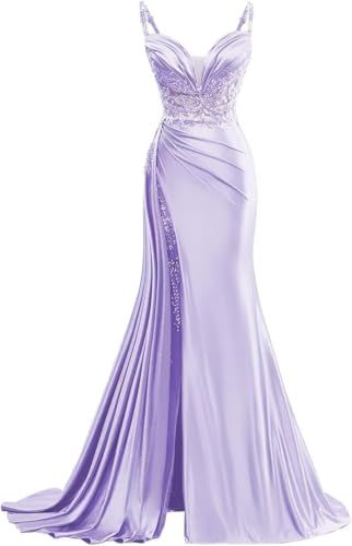 Off Shoulder Satin Prom Dresses with Slit 2025 Beads Appliques Long Mermaid Evening Gowns