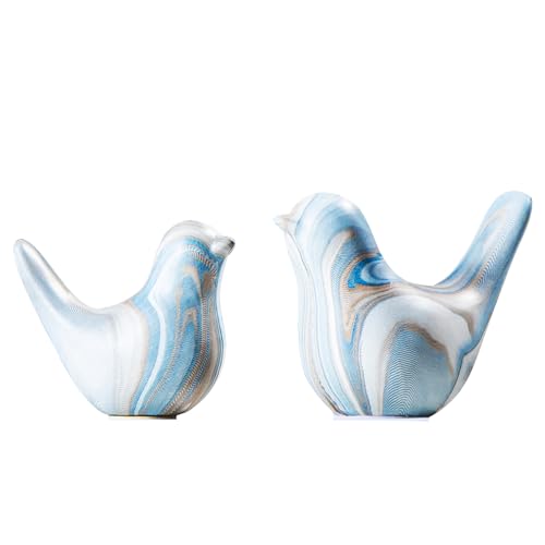 Estatuas decorativas de pájaro en cerámica azul y blanca 2 piezas