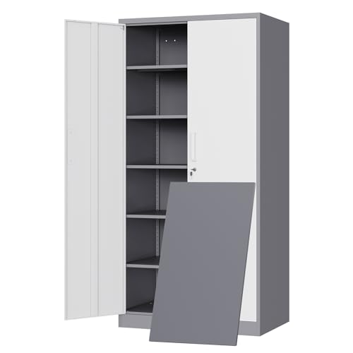 Image of Yizosh Metal Storage Cabinet with 2 Locking Doors and 5 Adjustable Shelves, 72 inch Garage Storage Cabinet Steel Lockable for Office,Home,Garage