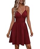 SCHOOLMOON Sommerkleid Damen Kurzes Ärmelloses V Ausschnitt Elegant Strandkleid Einfarbig Leicht Und Luftig Spaghettiträger A Linie Minikleider(Rot,L)