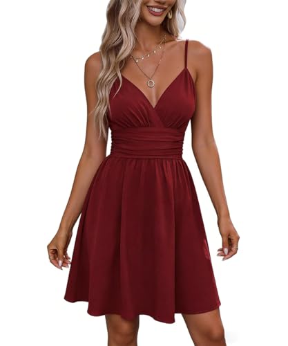 SCHOOLMOON Sommerkleid Damen Kurzes Ärmelloses V-Ausschnitt Elegant Strandkleid Einfarbig Leicht Und Luftig Spaghettiträger A-Linie Minikleider(Rot,XL)