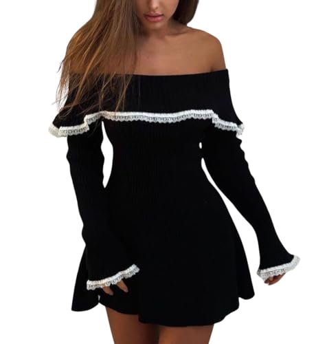 chouyatou Women's Off The Shoulder Bell Long Sleeve Sweater Mini Dress Lace Trim Bodycon Ribbed Knit Sweater Dress