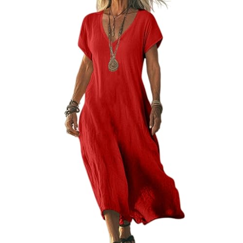 YMXLWHBD Vestido Holgado con Cuello En V para Mujer De Verano Manga Corta Vacaciones Y Playa-rojo-3xl