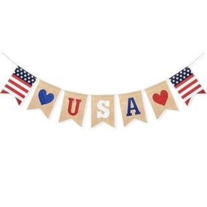 Uniwish USA Banner Burlap Bunting 4th of July Decorations American Independence Day Celebration Red White and Blue Theme Party Supplies
