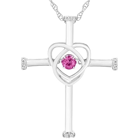 925 Sterling Silver Diamond Accented Gemstone Brilliance in Motion 1-1/4” Cross Pendant Necklace (G-H, I2-I3), 18”, Metal, pink-tourmaline Cover