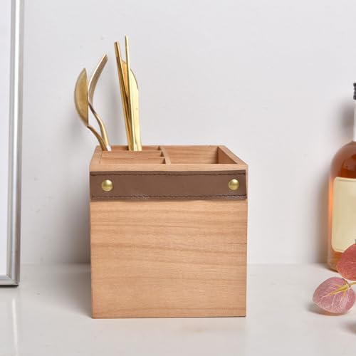 Organizador rectangular de madera caja de almacenamiento resistente para cubiertos 5