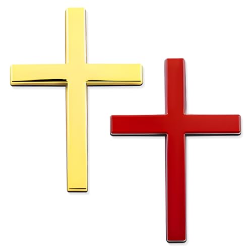 Image of 2PCS Metal Christian Cross Emblem Stickers, 2.5x1.8in 3D Jesus Christ Auto Emblem Badge Decal, Self-Adhesive Styling Cross Decal Decoration for Trunk Tailgate Side Fender (Red+Golden)