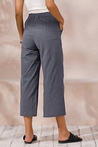 Womens Cotton Cropped Pants Loose Fit Wide Leg Capri Casual Plus Size Elastic Waist Trousers3