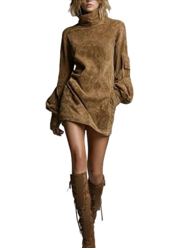 ChahuerOu Damenmode Wildlederkleid Retro Abgenutztes Design Mit Ärmeltaschen Hochgeschlossenes Kleid S