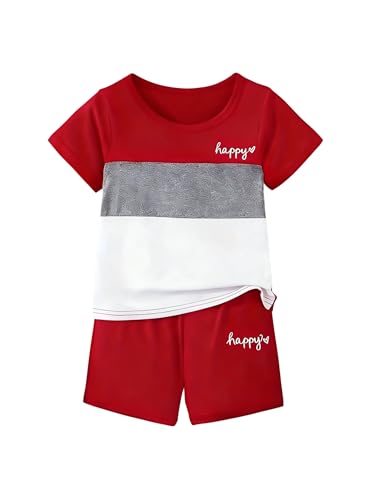 Image of Yoxindax Toddler Kid Boy Clothes Colorblock Letter Graphic Tee Shorts 2PC Summer Outfit Set