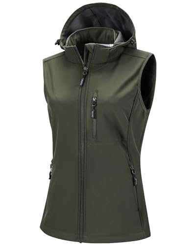 33,000ft Damen Softshell Westen mit Abnehmbare Kapuze Fleece Gefütterte Ärmellose Jacke Wasserdichte Winddichte Sportwesten Vest mit 5 Taschen für Reiten Laufen Wandern Olivgrün L