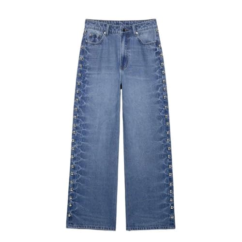 Women Spring Fashion Vintage Mid Waist Side Rivet Loose Straight Denim Pants2