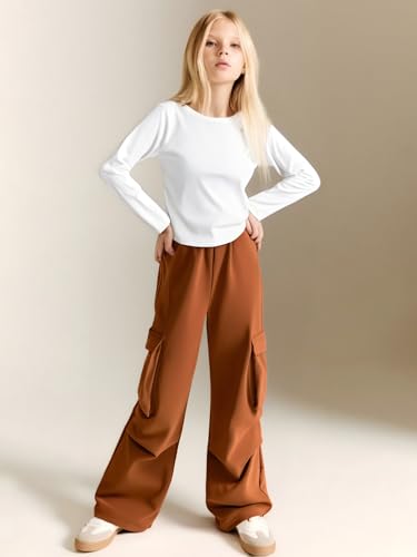 Image of Azmxynol Girls Clothes 2 Piece Outfit Ribbed T-Shirt Top + Cargo Pants, Girls Fall Clothing Set, Sizes 5-16 Years