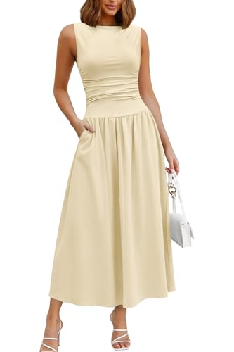 Image of Womens Summer Casual Midi Maxi Dress 2026 Sleeveless Ruched A Line Flowy Cocktail Wedding Guest Beach Long Sundress