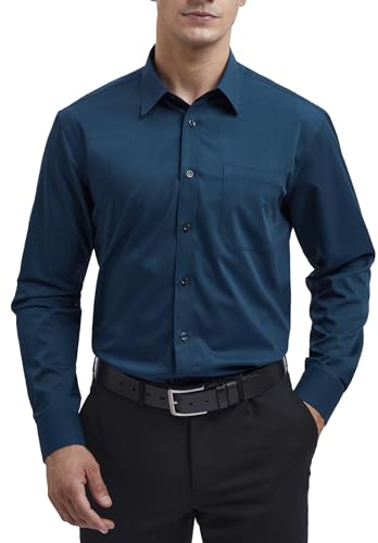 HISDERN Chemise Sarcelle à Manches Longues pour Hommes Chemise Habillée en Fibre de Bambou Coupe Régulière Chemise sans Repassage avec Poche,XL