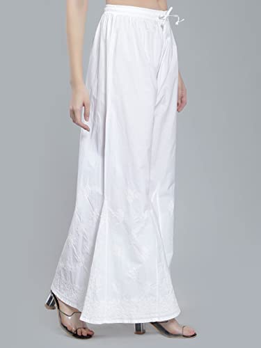Image of Seva Chikan Hand Embroidered Lucknowi Chikankari Regular Straight White Trouser Palazzo for Women SCL11025