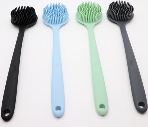 Image of Silicone Bath Brush with Long Handle - Soft Bristles Back Scrubber for Shower | Body Massage - Exfoliating Dirt Removal Brush for Men | Women (BLACK SCALP)