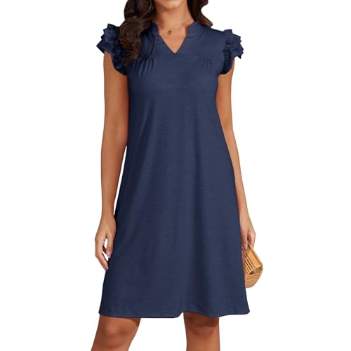 Image of Jayscreate 2025 Cotton Sundresses for Women Casual Summer Aline Ruffle Sleeve T Shirt Flowy Swing Navy Blue Beachy Dress
