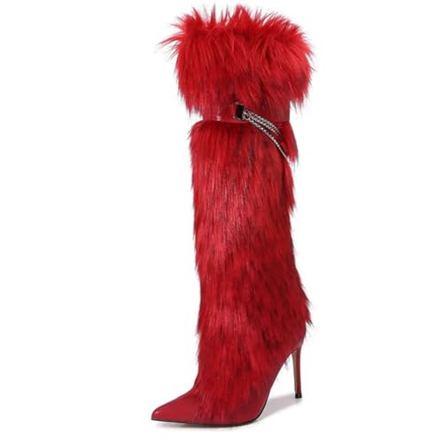 Fur Heel Boots for Women with Chain Faux Fur Pointed Toe Y2K Knee High Snow Shoes Goth Punk Going Out Fuzzy Stiletto Boots