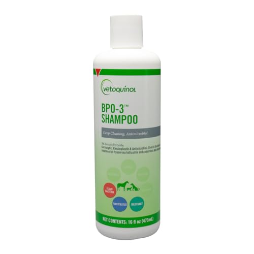 Vetoquinol BPO-3 Shampoo for Dogs Cats & Horses (3% Benzoyl Peroxide) 16oz Deep Cleaning Medicated Shampoo Opens & Flushes Hair Follicles Degreases Oily Coats Soothes Red Flaky Itchy Skin