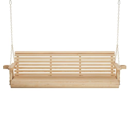 Image of Amish Casual Heavy Duty 700 Lb Capacity Porch Swing with Cup Holders (6 Foot, Unfinished) - Wooden Outdoor Roll Back Swing with Hanging Chains - Amish Made in the USA