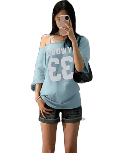 sxv style Off-Shoulder Graphic T-Shirt with Number 33 Print, Light Blue, Casual Athletic Style-picture-11