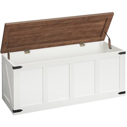 HOOBRO Storage Bench, 47.2”Toy Box Organizer with Safety Hinges, Farmhouse Wooden Storage Chest, for Hallway, Bedroom, Living Room, White and Walnut WH520CW01