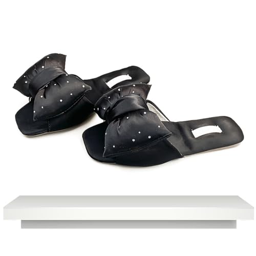 Women's Rhinestones Bow-Knot Satin Flat Slippers Open-Toe Pure Color Bridal Flips Flops Hand Sewn Slides Shower Wedding House Shoes3