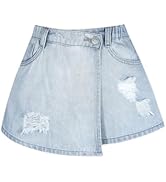 RoseSeek Girl's Button Elastic Waist Denim Skirts Casual Ripped Mini Shorts Asymmetric Wrap Skort...
