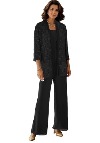 3 Pieces Mother of The Bride Pant Suits Lace Sequin Pant Suits 3/4 Sleeve Sparkly Formal Pantsuits for Women Dressy