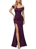 Miusol Women's Elegant Off Shoulder Split Wedding Bridesmaid Maxi Dress (Medium, Maroon)