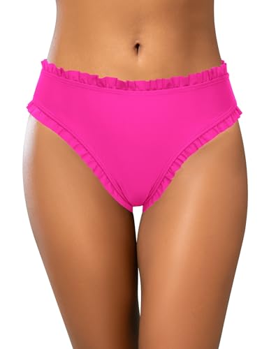 SHEKINI Women Ruched Frill Trim Swimsuit High Waist Bikini Bottoms - Sexy Scallop Cheeky Solid Summer Beach Swim Briefs