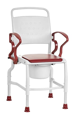 Toilettenstuhl für Senioren FabaCare Köln, mit Eimer, abschwenkbare Armlehnen, Nachtstuhl, Hygienestuhl, Leibstuhl, WC-Stuhl, made in Germany, bis 130 kg, Grau-Rubinrot